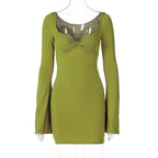 Low-cut flared sleeve ruched bodycon dress