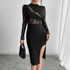 Autumn Women Solid Color Contrast Color Lace Slit Sexy Tight Dress