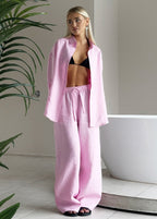 Blushwave – Cotton Lounge Set with Button-Up Shirt & Wide Pants