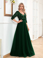 V neck Short Sleeve Sequined Tulle A line Floor Elegant Prom Evening Party Dress