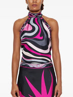 Satin Unique Print Halter Top and Irregular Midi Skirt Set