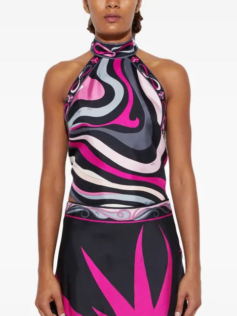 Satin Unique Print Halter Top and Irregular Midi Skirt Set