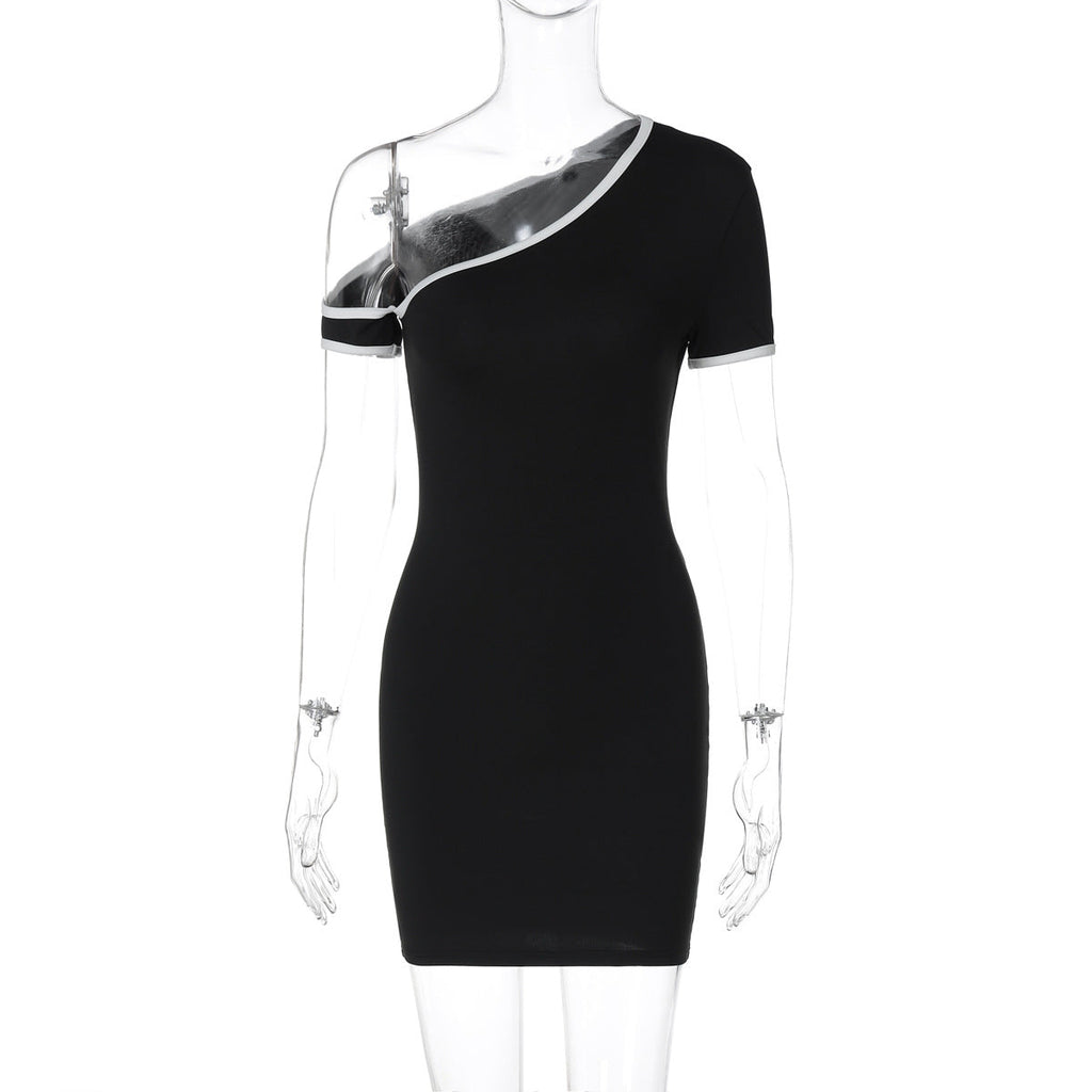 Color Contrast One Shoulder Cold Shoulder Slim Hip Dress