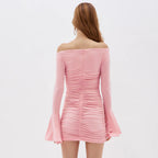 Pink Bell Sleeve Floral Dress Pleating Tube Top Dress Design