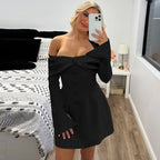 off Neck off the Shoulder Flared Sleeves Waist Slimming Short Dress