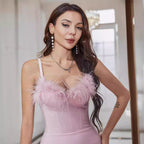 Sweet Spicy Feather Boning Corset Dress One Piece Fixed Cup Tube Top V neck Strap Hip