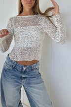 Fashionable Sequined Fishnet Casual Long-sleeved Top