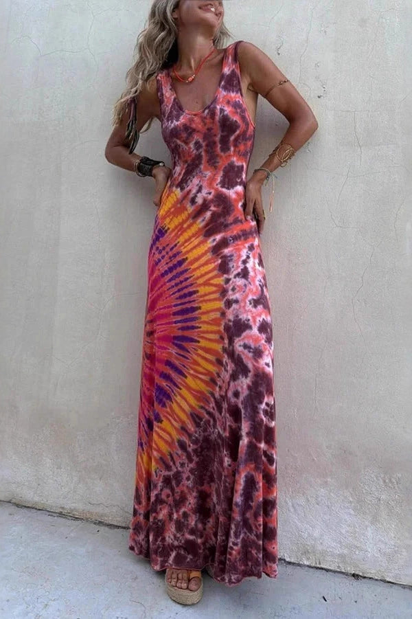 Boho Happiness Tie-dye Print Back Lace-up Stretch Maxi Dress