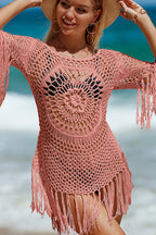 Unique Pattern Knitted Cutout Crew Neck Short Sleeved Cover Up