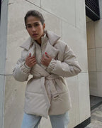 Tie Waist Cotton V-Neck Puffer Jacket