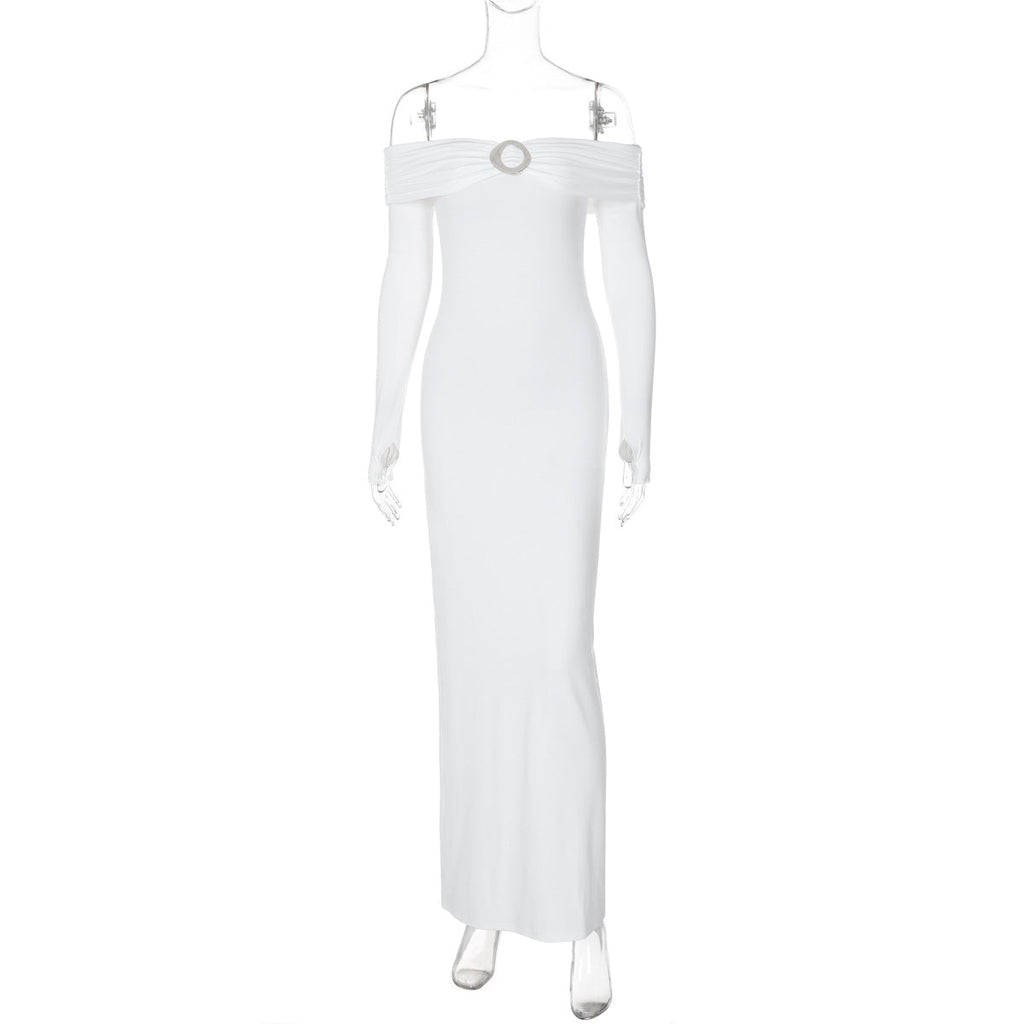Tube Top Off Neck Back Slit Solid Color Mid Length Dress