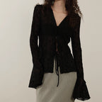 Chiffon Sheer Lettuce Trim Long Sleeve Shirt