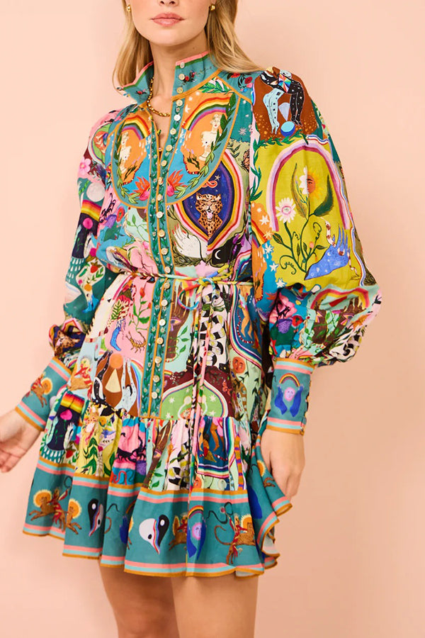 Touch of Luxury Unique Print Balloon Sleeve Button Shirt Mini Dress