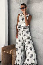 Unique Printed Round Neck Sleeveless Button Top and Elastic Waist Pocket Wide Leg Pants Set