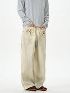 Embroidered Cream Wide Leg Pants