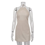 Cotton Linen Dress Backless Halter Lace up A line Dress