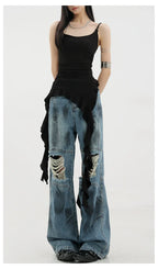 Vintage Distressed And Dirt-Dyed Patchwork Wide-Leg Jeans