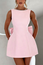 Stylish Pearl-embellished Large Bow Slim-fit Mini Dress
