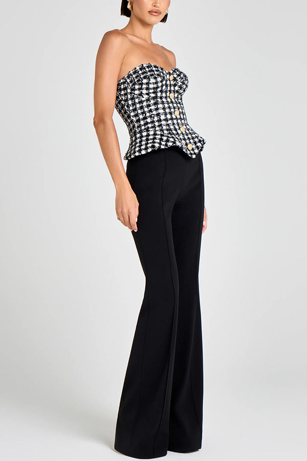 Maya Check Bouclé-tweed Fabric Sweetheart Neck Gold Button Strapless Tank