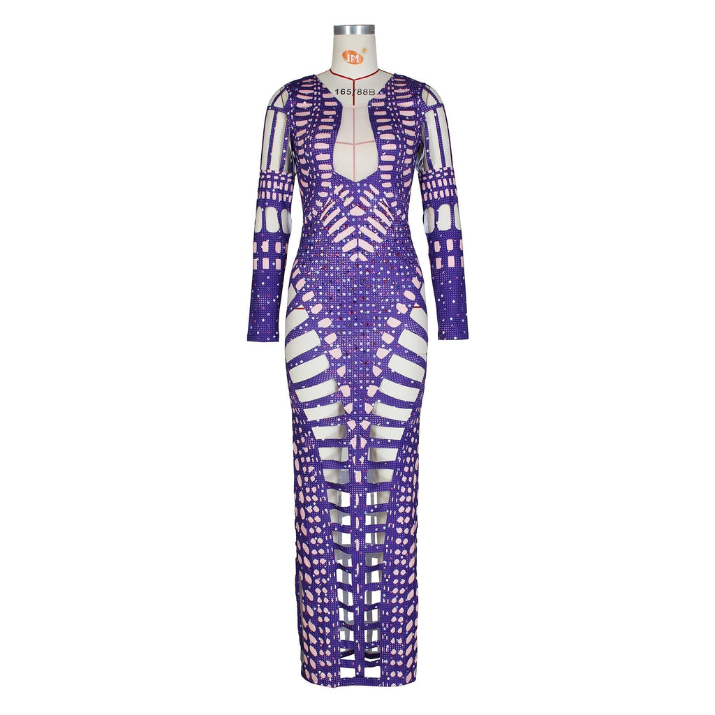 Ripped Skinny Sheath Dress Rhinestone Printed Dress