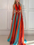 Colorful lucky chiffon printed ring with hollowed out design, slit holiday dress
