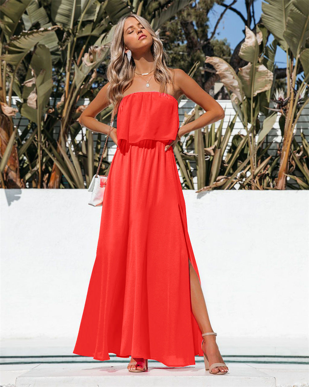Vivid Strapless Slit Maxi Dress Bright Orange