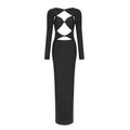 Black Twisted Long Sleeve Hollow Out Cutout Dress Nylon Stretch Dress Winter