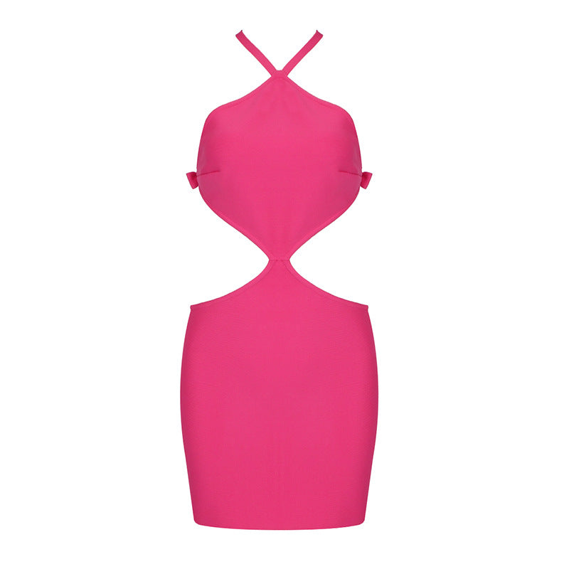 Irregular Asymmetric Halter Cross Hollow Out Cutout Backless Dress