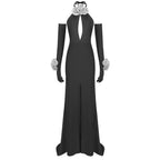 Halter Silver Floral Hollow Out Cutout Dress with Gloves Split