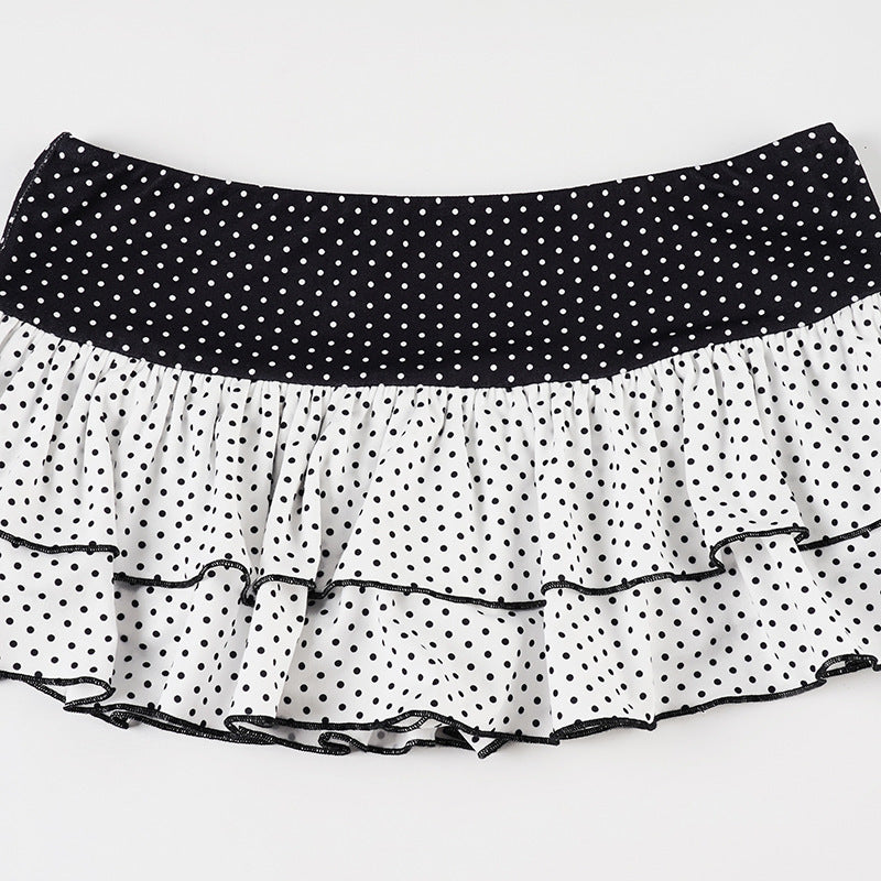 Polka Dot Patchwork Color Block Cute Tiered Slim Mini Skirt