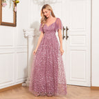 Elegant See through Short Sleeve V neck U Back Evening Dress A line Embroidery Mesh Full Lining Dress
