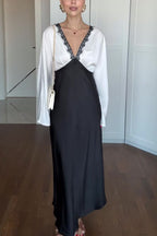 Lainei Contrast Color Satin Lace Trim V-neck Long Sleeve Maxi Dress