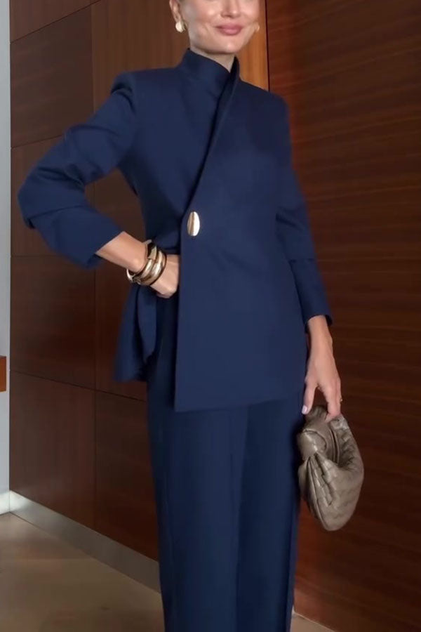 Elegant Women’s Navy Blue Pantsuit – Slim Fit Blazer with Asymmetric Button and Tailored Trousers for Business Office Wear