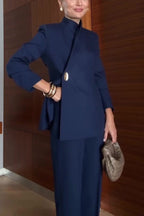 Elegant Women’s Navy Blue Pantsuit – Slim Fit Blazer with Asymmetric Button and Tailored Trousers for Business Office Wear
