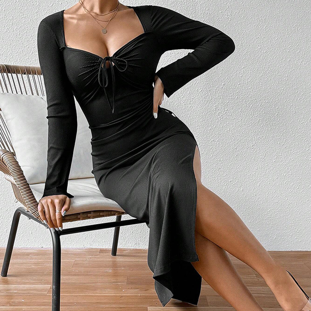 French Elegant Socialite Dress Square Collar Slit Slim Midi Dress
