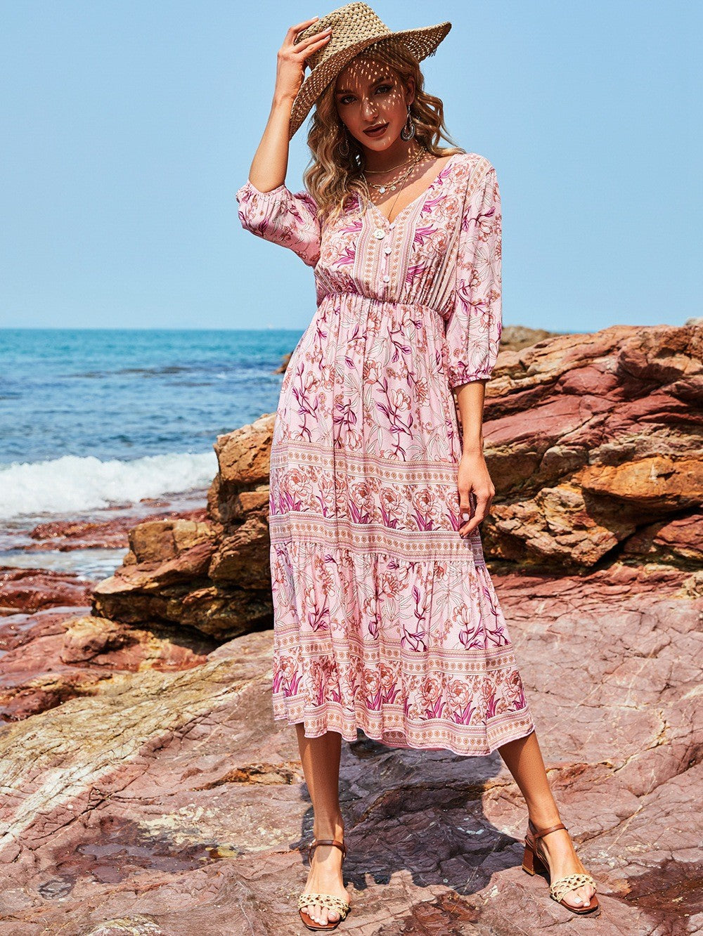 Oria Floral Tiered Tassel Maxi Dress Tangerine Fuchsia