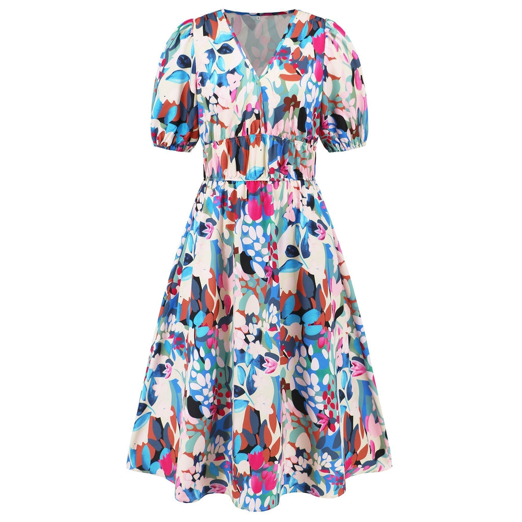 V Neck Bohemian Printed Dress A Line Dress