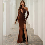 Solid Color Evening Maxi Banquet Elegant One Shoulder Irregular Asymmetric Long Slim Dress Maxi Prom Dress