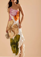 Ladies' Fashion Design Flower Printed Elegant Single Shoulder Side Ruffle Long Dress