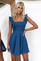 Ladies Casual Flying Sleeves Backless Denim Dress