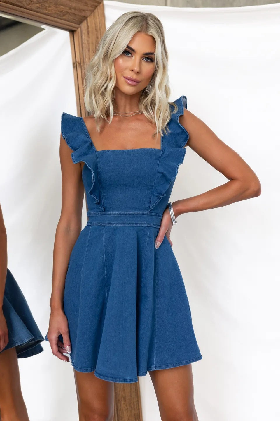 Ladies Casual Flying Sleeves Backless Denim Dress