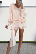 Ninah Glitter Fabric Pleated Balloon Sleeve Tiered Ruffle Hem Mini Dress