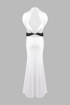 Gaelyra White Backless Satin Pleated Maxi Dress