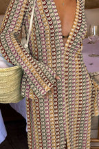 Eleanor Knit Colorful Wave Unique Print Shirt U-neck Long Sleeve Slit Maxi Dress