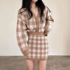 Checkered Wool Blend Button Cardigan And Skirt Set