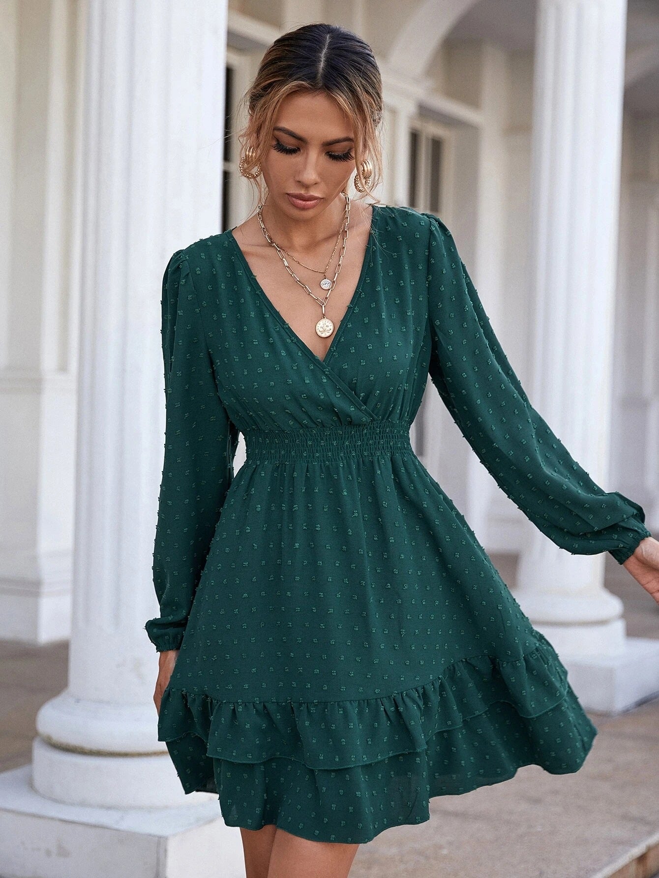 Samar Satin Embossed Cowl Neck Dress Hunter Green