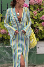 Eleanor Knit Colorful Wave Unique Print Shirt U-neck Long Sleeve Slit Maxi Dress