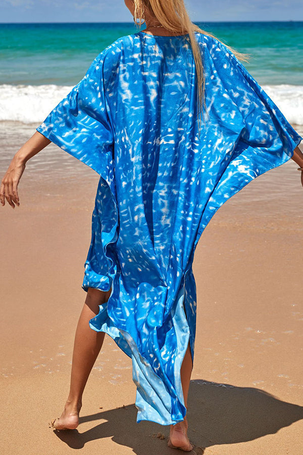 Simple Unique Printed Pleated Front Slit Cover Up