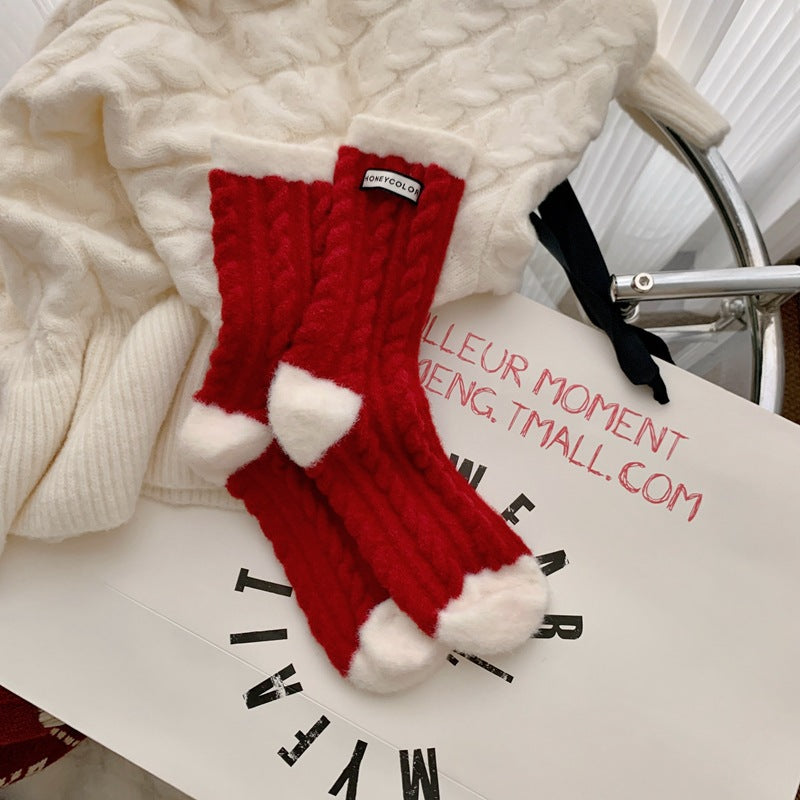 Red Striped Cashmere Blend Warm Mid Calf Socks