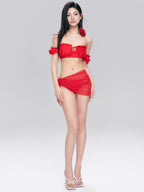 Red Off-Shoulder Ruffle Bikini Set with Sheer Sarong